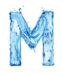 Latin letter M made of water splashes, isolated on a white background