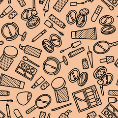 Vector seamless pattern of cosmetics elements with flat line icons