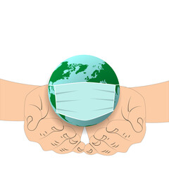 vector illustration of problem in the world. planet in the mask. Hands holding planet
