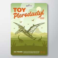 Toy Dinosaur Label Template. Abstract Vector Packaging Design Layout. Modern Typography with Prehistoric Volcano Landscape and Hand Drawn Pterodactyl Sketch Background. Isolated