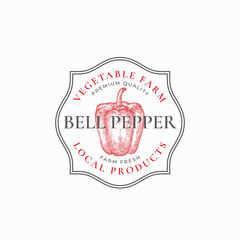 Bell Pepper Frame Badge or Logo Template. Hand Drawn Red Vegetable Sketch with Retro Typography and Borders. Vintage Premium Emblem. Isolated