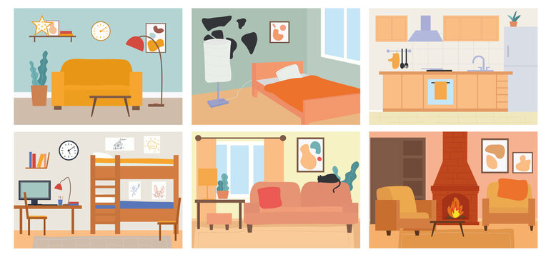 Set of six different home room interiors with furniture showing living rooms, den, lounge, bedroom, office and kitchen, colored vector illustration