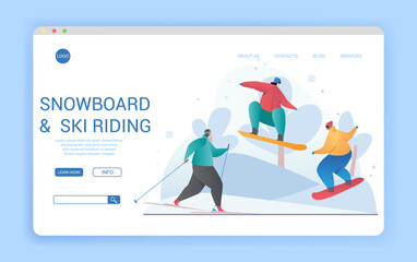 Website design template for snowboarding and skiing in winter showing snowboarders and skiers at assorted activities in the snow, colored vector illustration. Website, landing page template