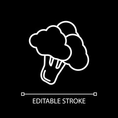 Broccoli white linear icon for dark theme. Fresh vegetable. Veggie sprout. Grocery food. Thin line customizable illustration. Isolated vector contour symbol for night mode. Editable stroke