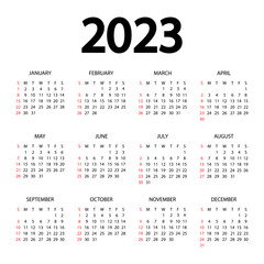 Calendar 2023 year - vector illustration. The week starts on Sunday. Annual calendar 2023 template. Calendar design in black and white colors, Sunday in red colors