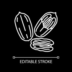 Pecan nuts white linear icon for dark theme. Fresh food with vitamins. Dietary nourishment. Thin line customizable illustration. Isolated vector contour symbol for night mode. Editable stroke