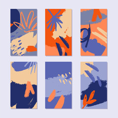 Set of abstract collage story backgrounds. Hand drawn pattern in trendy style. Bright summer colors. Vector illustration.