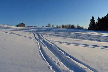 Fototapeta na wymiar A snowmobile trail under a blue sky, Québec