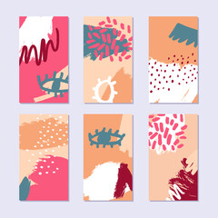 Set of abstract collage story backgrounds. Hand drawn pattern in trendy style. Bright summer colors. Vector illustration.
