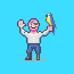 colorful simple flat pixel art illustration of smiling pirate with a wooden leg and a parrot in his hand