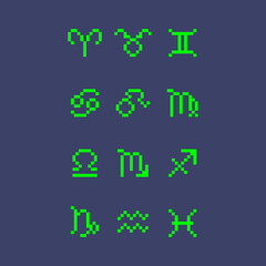 colorful simple flat pixel art illustration of set of neon green zodiac signs icons