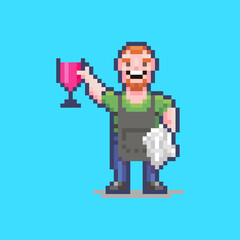 colorful simple flat pixel art illustration of smiling waiter with a glass of wine and a white towel