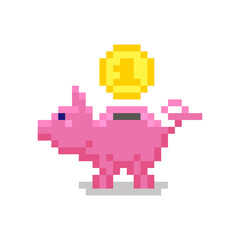 Obraz premium colorful simple flat pixel art illustration of cartoon sticker piggy bank with a coin over it