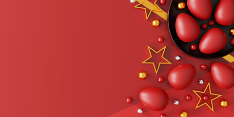 beautiful easter egg on red background.  banner, greeting card and poster template design. flat lay. top view. 3D illustration