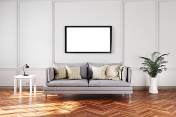 minimalistic elegant living room interior with single vintage sofa in front of white wall; copy space white posters canvas; 3D Illustration