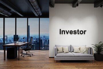 modern luxury loft with skyline view and single vintage couch, wall with investor lettering, 3D Illustration