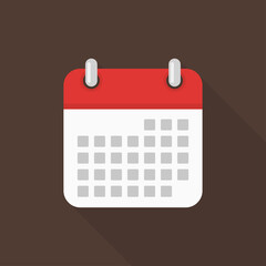 Calendar icon with long shadow on brown background, flat design style
