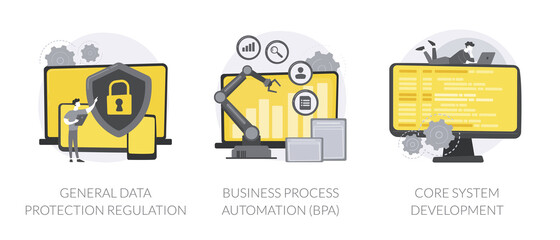 Digital transformation abstract concept vector illustration set. General data protection regulation, business process automation, system software development, data collection abstract metaphor.