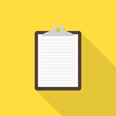 Clipboard, list icon with long shadow on yellow background, flat design style