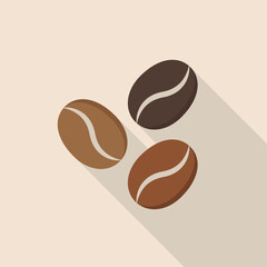 Coffee beans icon with long shadow on brown background, flat design style