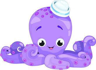 Cute bright cartoon purple octopus in small sea hat template. Smiling colorful story book animal vector illustration for games, background, pattern, decor. Print for fabrics and other surfaces.