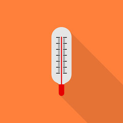 Thermometer flat icon with long shadow on orange background, flat design style