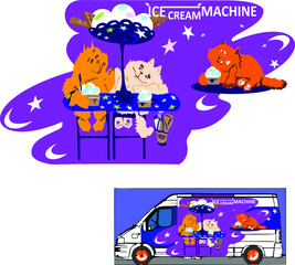 Cats friends sit at the table and eat ice cream. A picture for the design of an ice cream car shop.