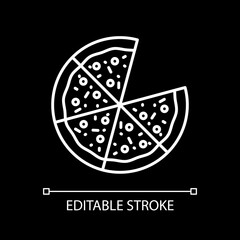 Pizza with slices white linear icon for dark theme. Fast food delivery. Restaurant take out. Thin line customizable illustration. Isolated vector contour symbol for night mode. Editable stroke