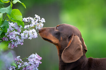 Brown mini dachshund dog sniffing flower - Powered by Adobe