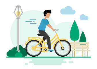Ilustración vectorial de chico dando un paseo en bicicleta por un parque con árboles, un banco y una farola