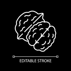 Walnut white linear icon for dark theme. Whole nuts. Healthy food. Nutrient and nourishment. Thin line customizable illustration. Isolated vector contour symbol for night mode. Editable stroke