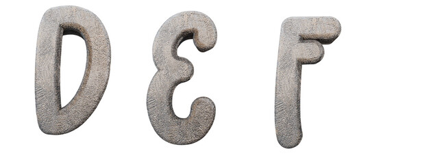Snake skin alphabet. Letters D, E, F. Leather font 3d render. Background remove in one click.