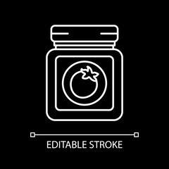 Ketchup in glass jar white linear icon for dark theme. Fruity jam in can. Sweet dessert. Thin line customizable illustration. Isolated vector contour symbol for night mode. Editable stroke