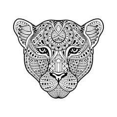 African leopard in vintage style. Head cat, leopard, tiger, lion, panther, cheetah. Drawn by hand. Multicolor. Abstract wild animal. Cartoon style. Africa's Big Five. Boho, Doodle, Zentangle.