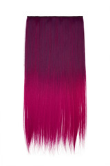 Subject shot of purple and deep pink tresses for hair extension. Natural looking strands are isolated on the white background. 