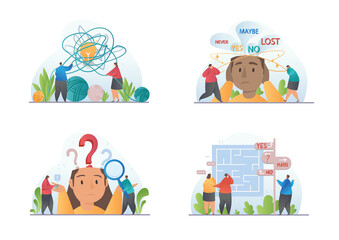 Four concept designs of people showing confusion untangling knotted yarn, question marks, a maze puzzle, and disorientated, colored vector illustration