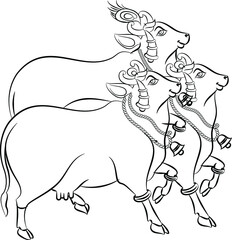 Holy cow in Kalamkari Indian traditional folk art on linen fabrics. It can be used for a coloring book, textile/ fabric prints, phone case, greeting card. logo, calendar