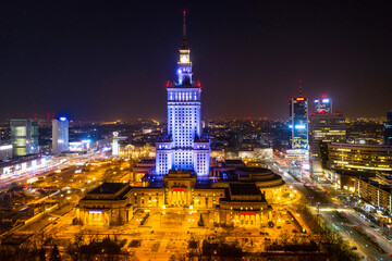 Fototapeta na wymiar Amazing cityscape of Warsaw with Palace of Culture and Science at night, Poland.