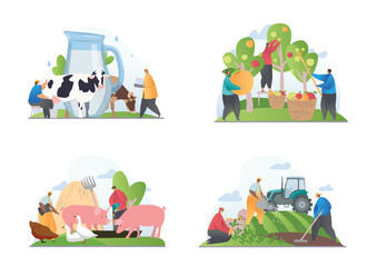 Set of four scenes showing different farming activities with milk from a dairy, farmyard scene, planting crops and picking fruit in an orchard, flat cartoon colored vector illustration