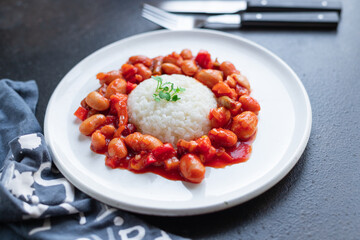 rice and beans vegetables no meat portion on the table meal snack top view copy space food background rustic image keto or paleo diet vegan or vegetarian food