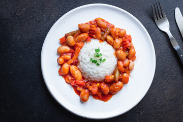 rice and beans vegetables no meat portion on the table meal snack top view copy space food background rustic image keto or paleo diet vegan or vegetarian food