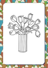 Cute cartoon flowers in pot. Tulips. Isolated on white background. Vector illustration. Can be used for coloring books. Printable a4 portrait page. Vertical orientation. Background with pencils