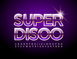Vector event flyer Super Disco. Gold and Violet glossy Font. Luxury Alphabet Letters and Numbers set