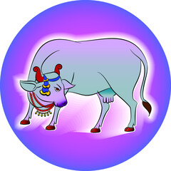 Holy cow in Kalamkari Indian traditional folk art on linen fabrics. It can be used for a coloring book, textile/ fabric prints, phone case, greeting card. logo, calendar