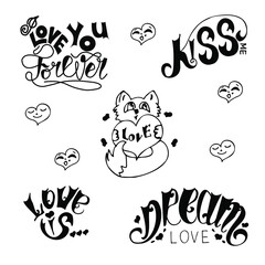 Love lettering set for Valentine day black isolated and sweet kitty cat with heart 