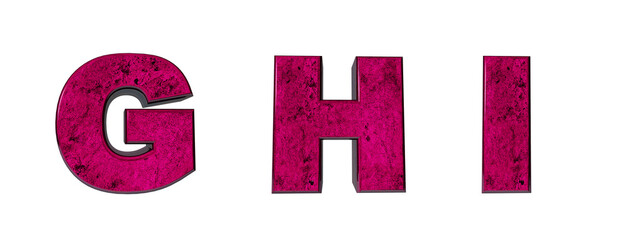 Alphabet of pink marble. Bright magenta letters G, H, I. 3D render. Background remove easy.