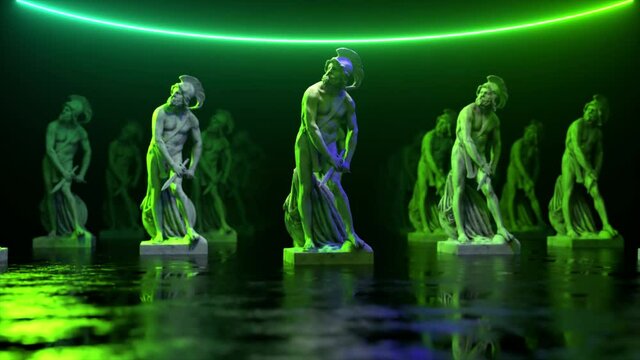 Philopoemen Sculpture illuminated by neon light. Museum art object obtained by 3D scanning. Retro futuristic design. 3d animtion