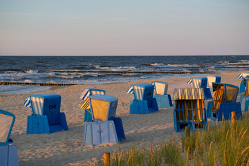 The beach of Zempin with many beach chairs on a sunny day in summer.