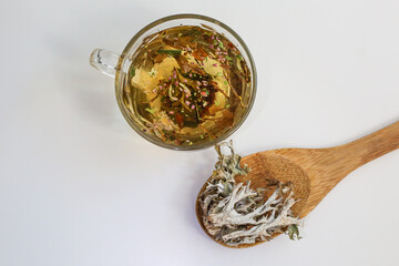 Moss tea good for health. Reindeer lichen tea. Moss tea good for health. Herbal tea.