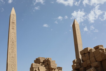 Karnak temple in historic city. Ruins of the ancient town. View of the antique famous sculptures at...